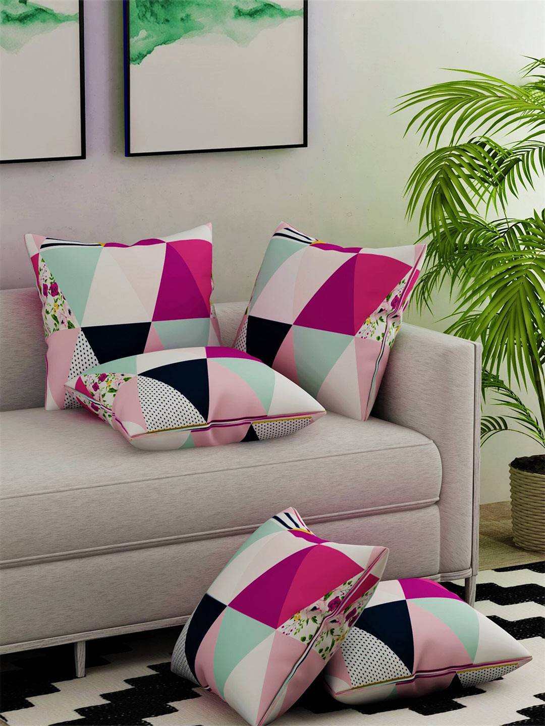 

Salona Bichona Impression Pink & White 5 Pieces Geometric Square Cushion Covers