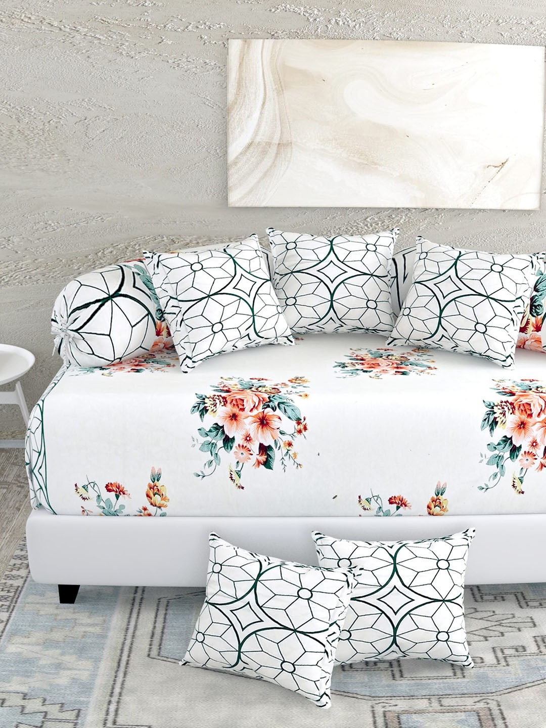 

Salona Bichona 8-Pcs Green Floral Printed Pure Cotton Diwan Set