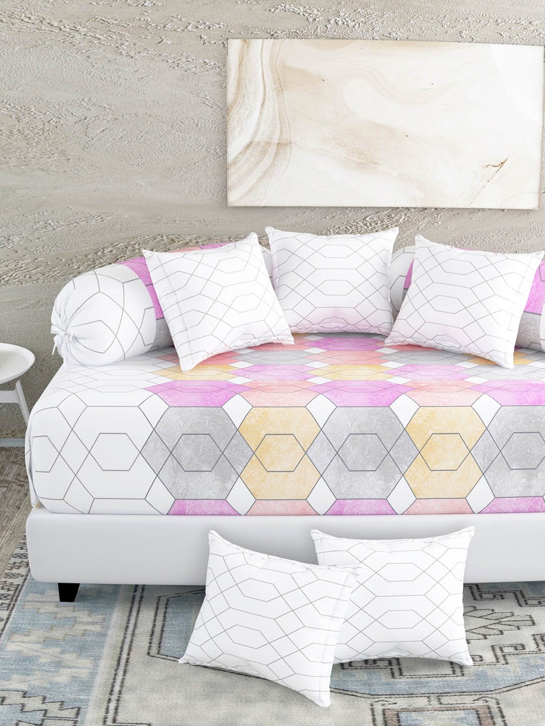 

Salona Bichona Austere White & Pink 8 Pcs Geometric Printed 144 TC Pure Cotton Diwan Set