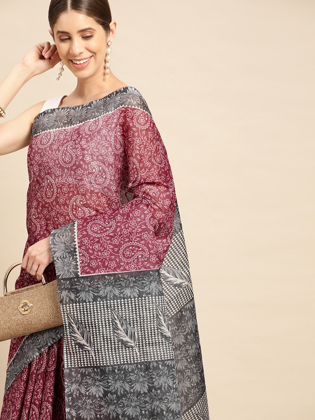

SHANVIKA Paisley Pure Cotton Block Print Saree, Pink