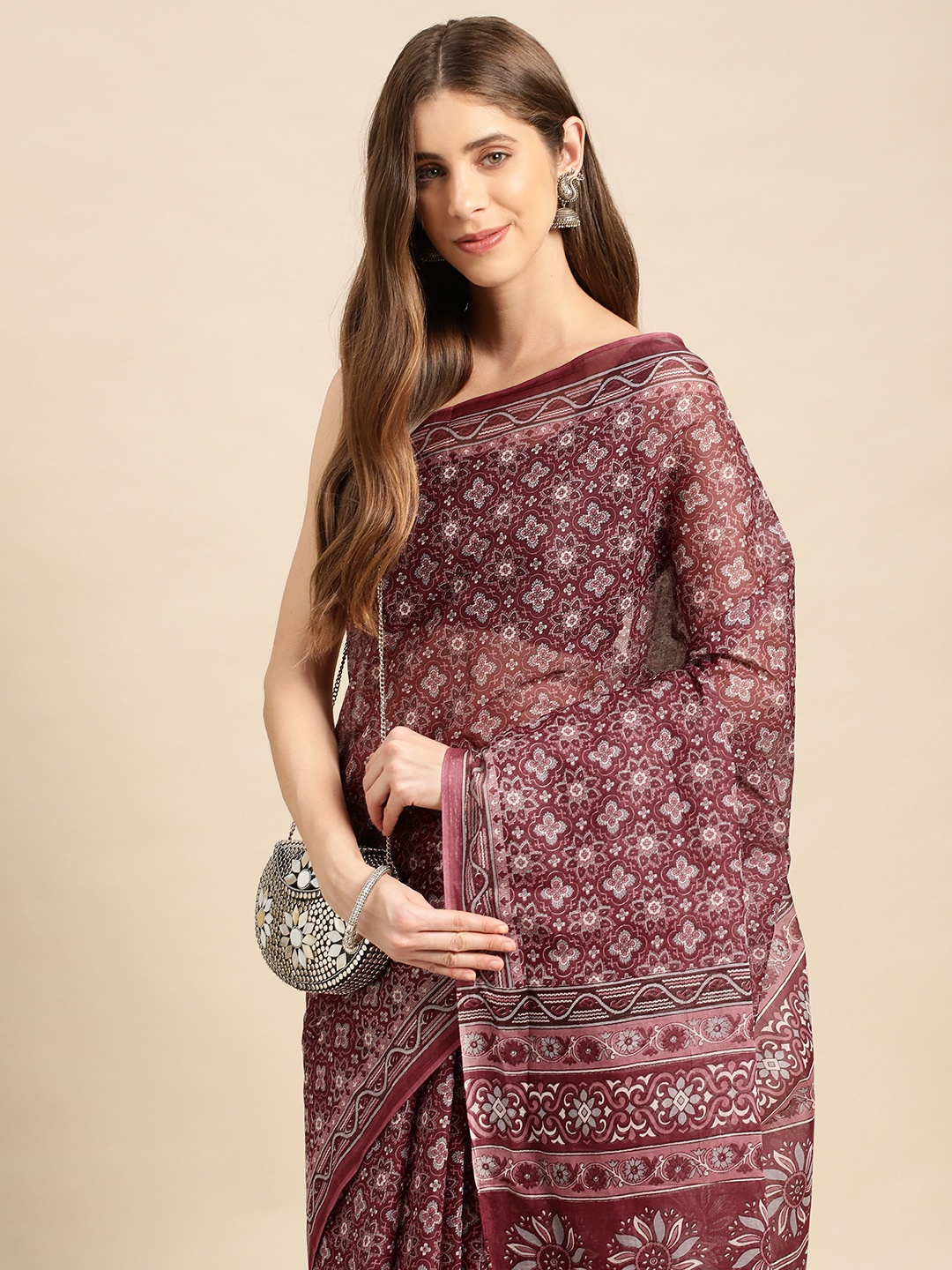 

SHANVIKA Ethnic Motifs Printed Pure Cotton Block Print Saree, Pink