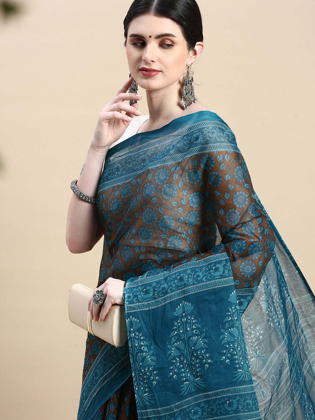 

SHANVIKA Floral Pure Cotton Block Print Saree, Brown