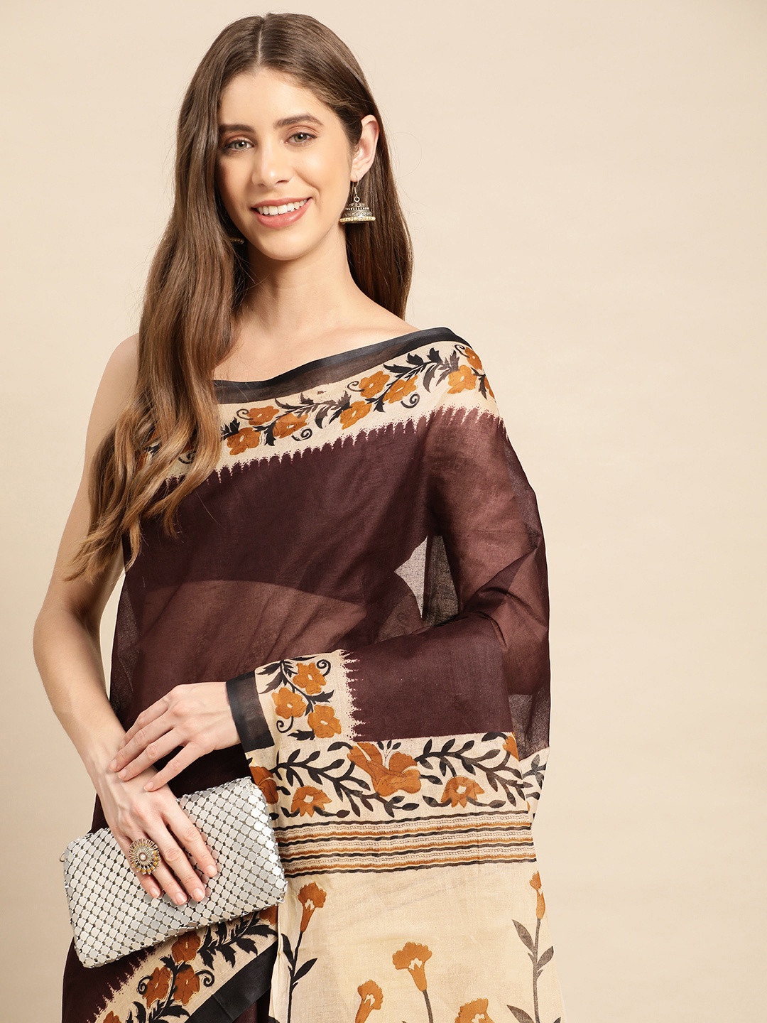 

SHANVIKA Solid Pure Cotton Block Print Saree, Brown