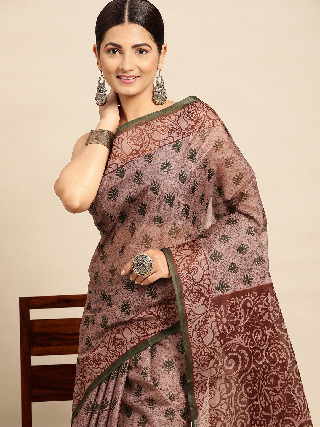 

SHANVIKA Brown & Green Ethnic Motifs Pure Cotton Block Print Saree