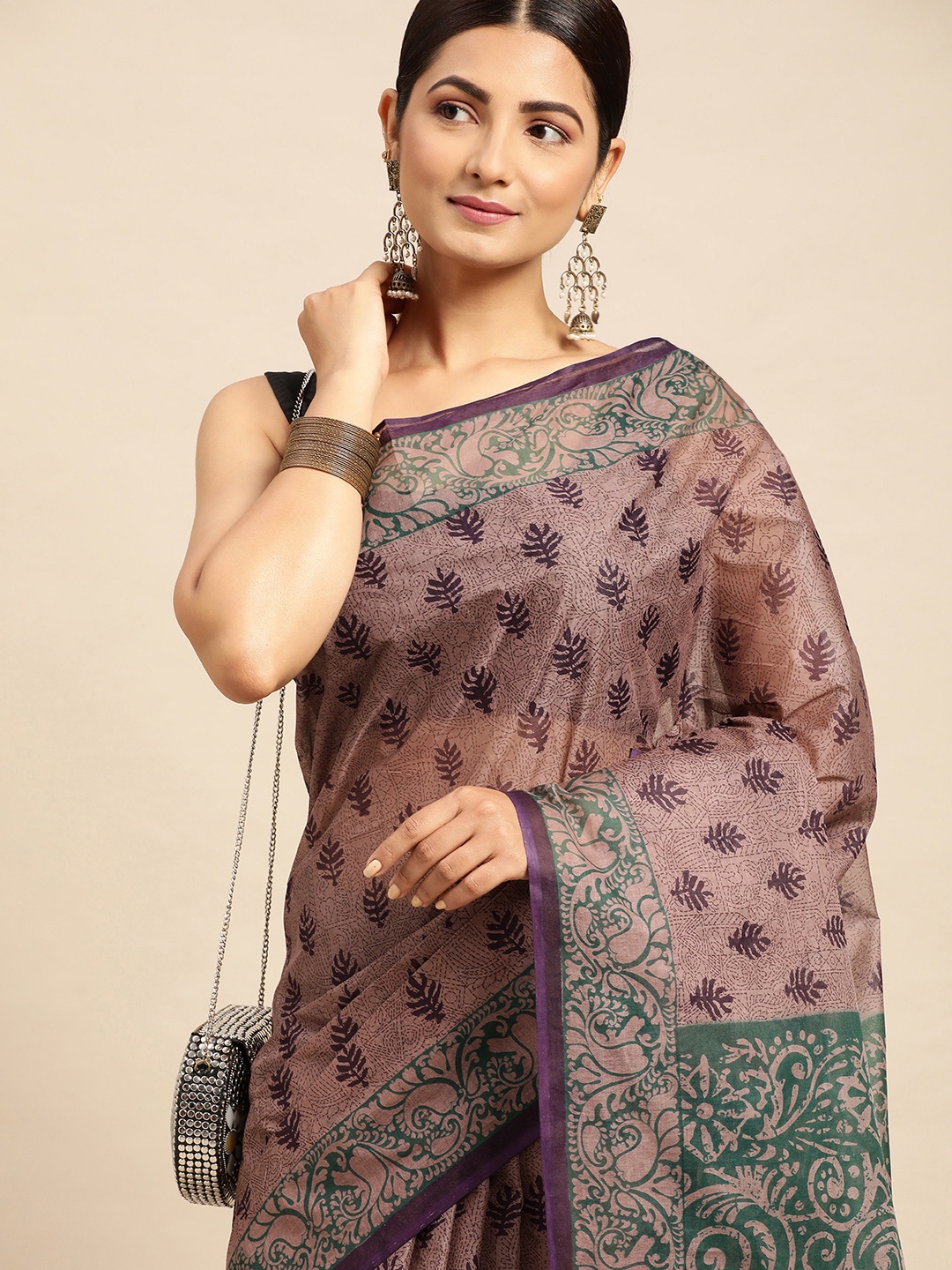 

SHANVIKA Brown & Green Ethnic Motifs Pure Cotton Block Print Saree