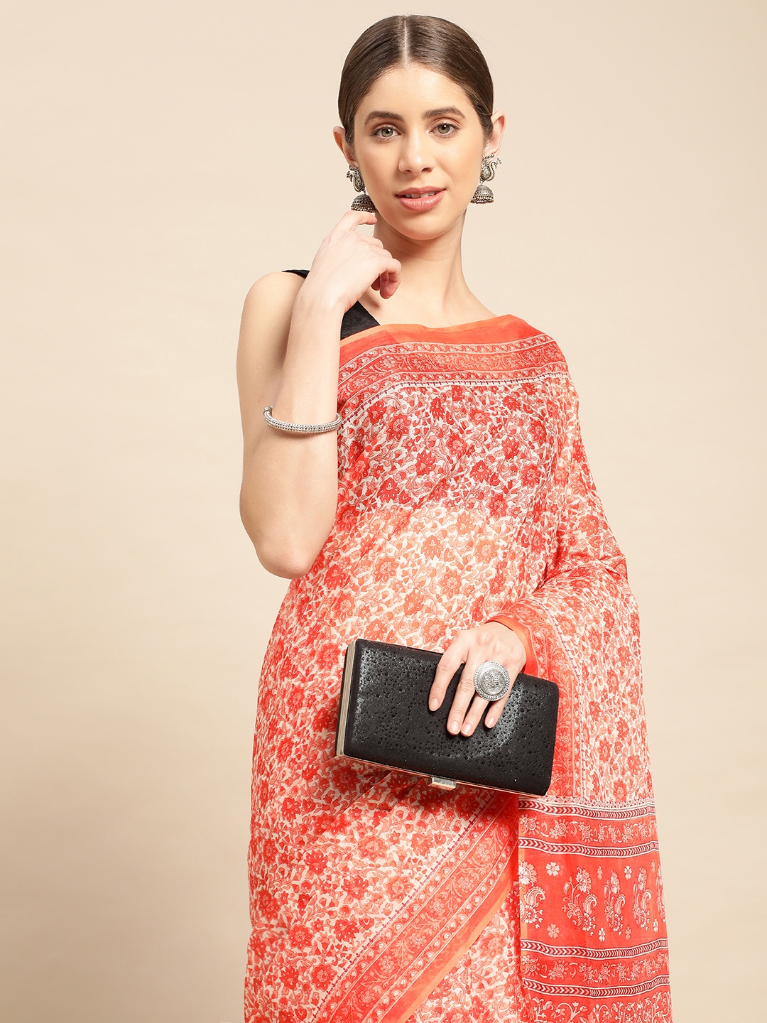

SHANVIKA Ethnic Motifs Printed Pure Cotton Block Print Saree, Orange
