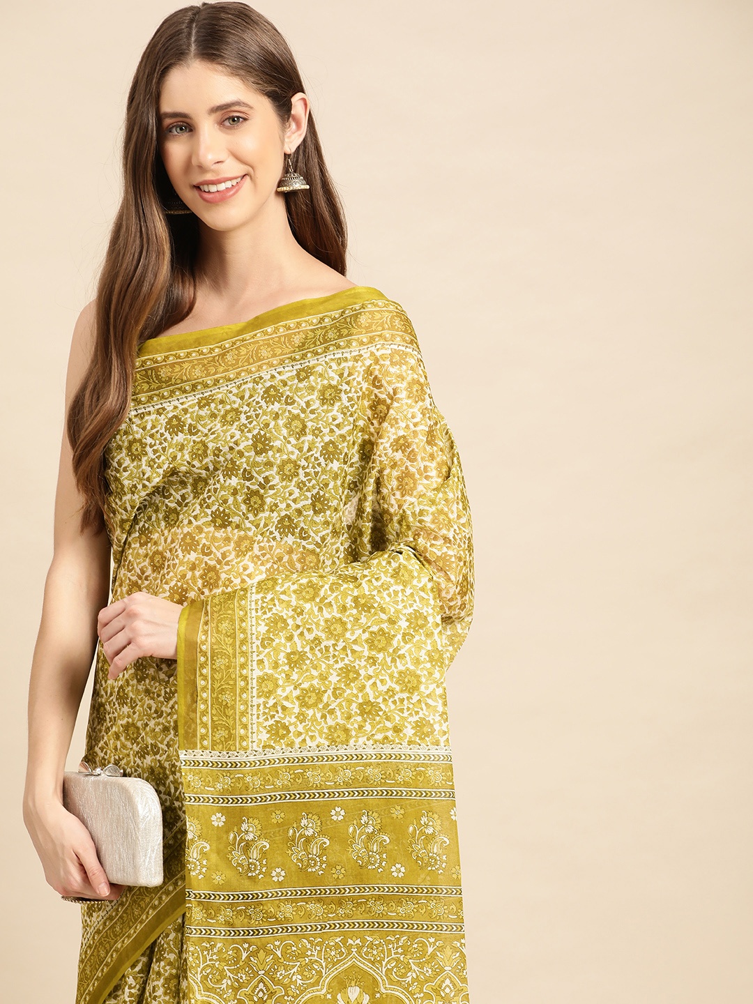 

SHANVIKA Ethnic Motifs Printed Pure Cotton Block Print Saree, Green