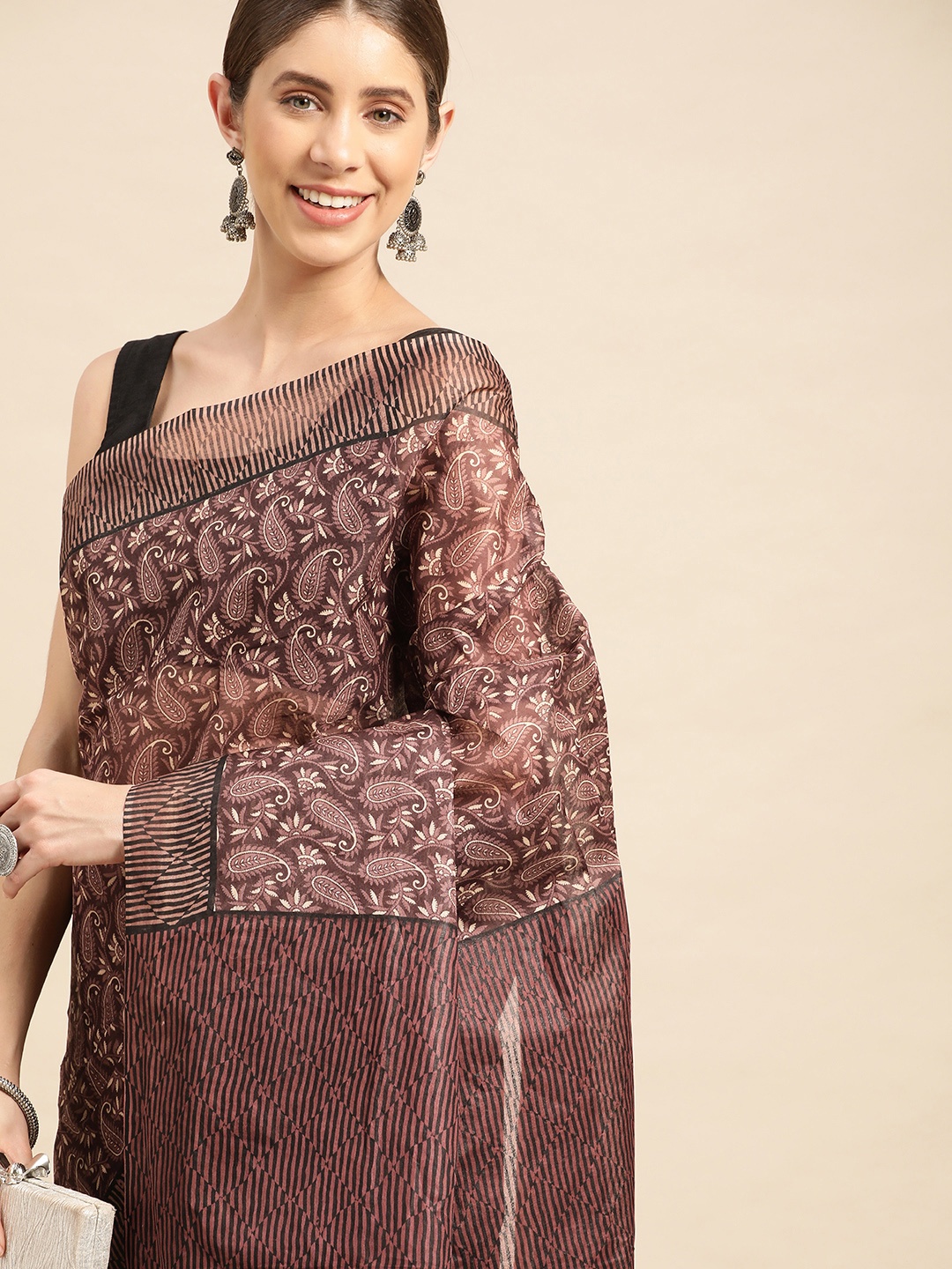 

SHANVIKA Paisley Printed Pure Cotton Block Print Saree, Brown