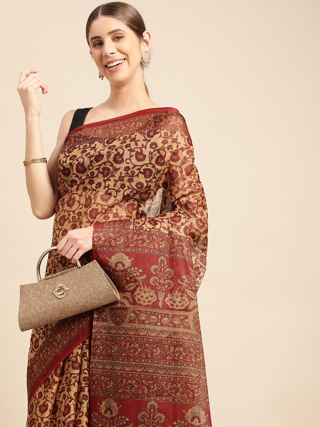 

SHANVIKA Ethnic Motifs Printed Pure Cotton Block Print Saree, Beige