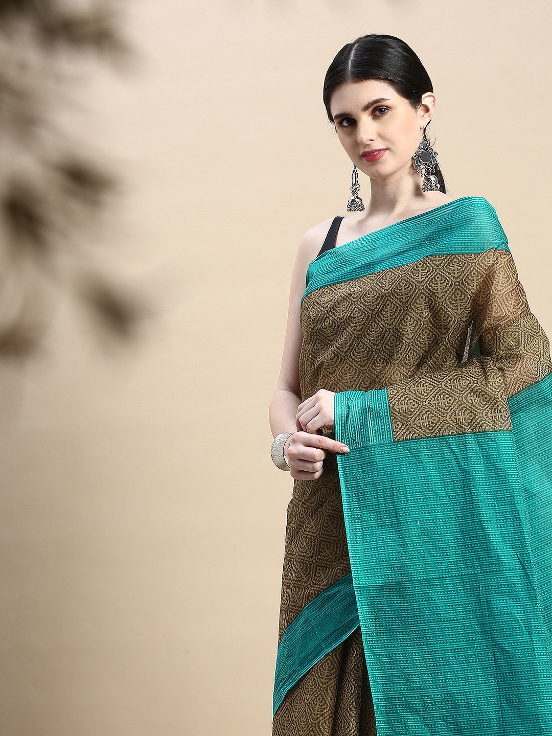 

SHANVIKA Ethnic Motifs Pure Cotton Block Print Saree, Brown