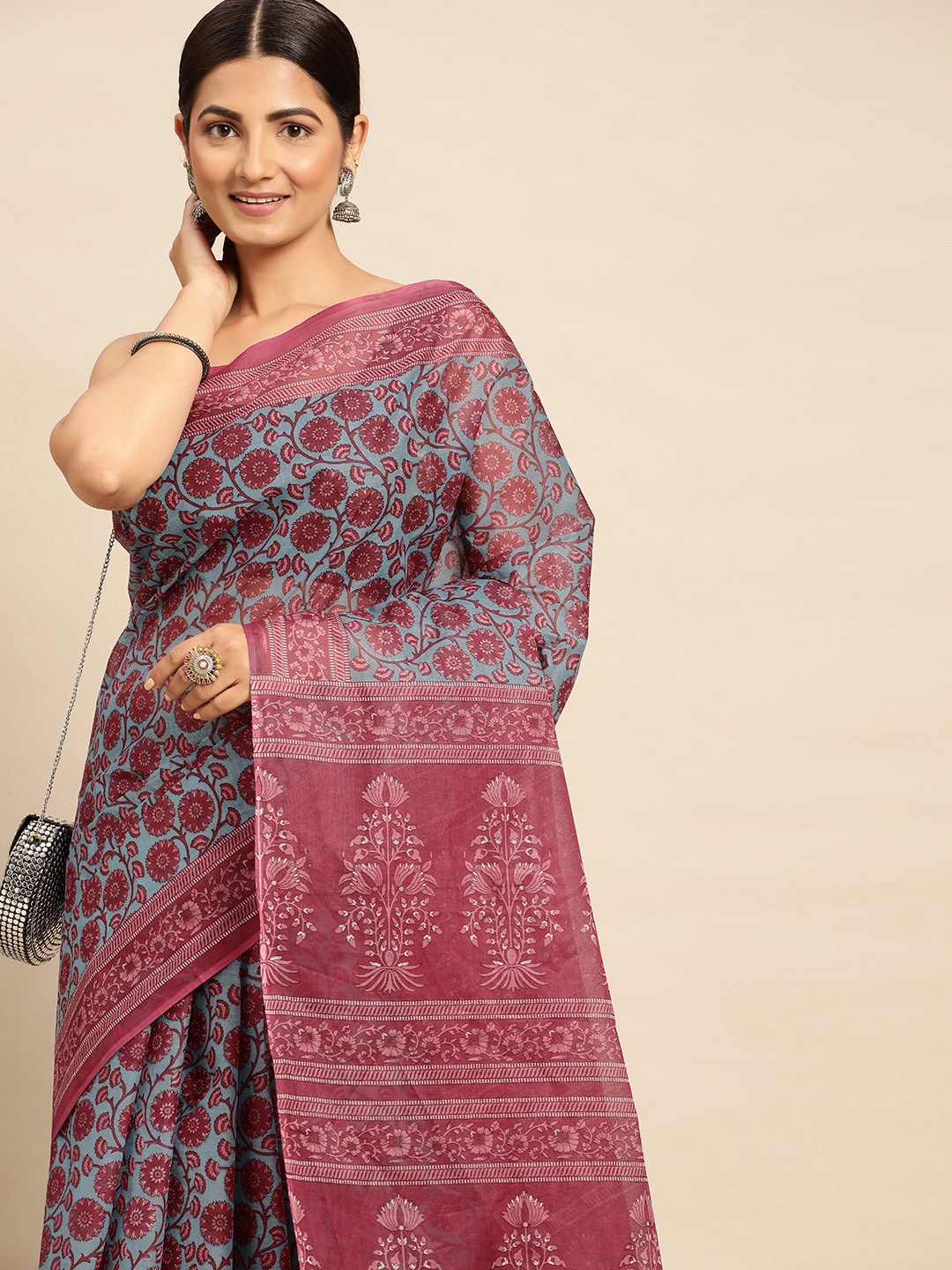 

SHANVIKA Blue & Pink Floral Pure Cotton Block Print Saree