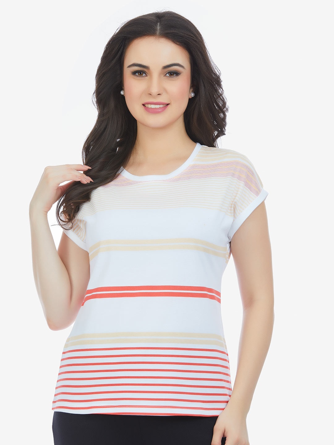 

MAYSIXTY Women Orange Striped V-Neck Extended Sleeves T-shirt