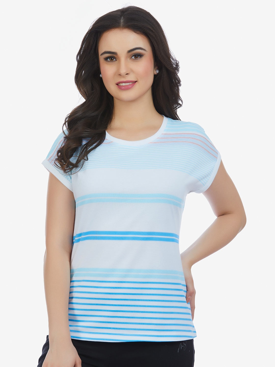 

MAYSIXTY Women Blue Striped Extended Sleeves T-shirt