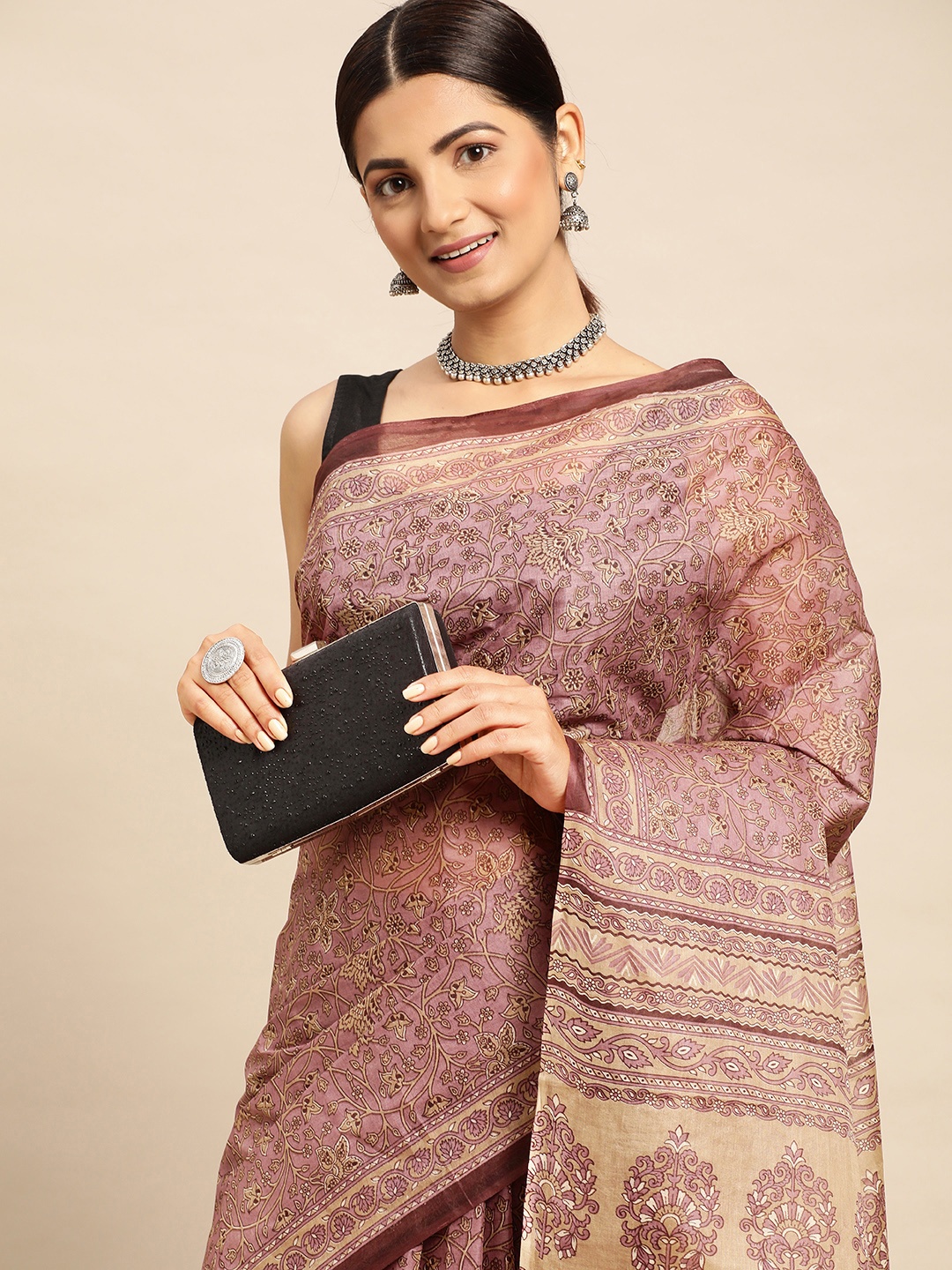 

SHANVIKA Ethnic Motifs Printed Pure Cotton Block Print Saree, Lavender