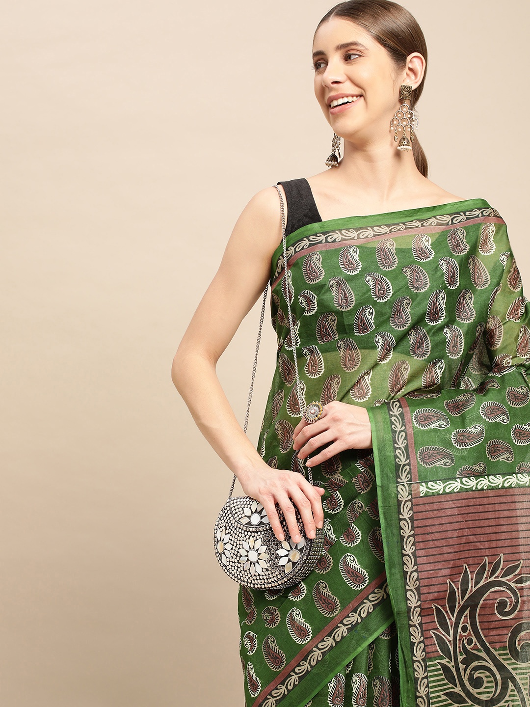 

SHANVIKA Paisley Pure Cotton Block Print Saree, Green