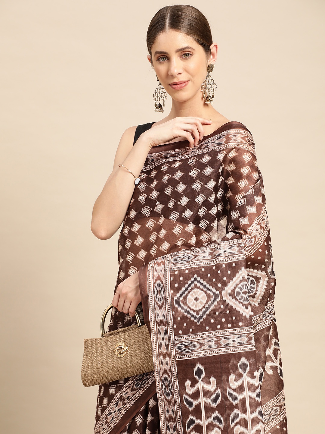

SHANVIKA Ethnic Motifs Printed Pure Cotton Block Print Saree, Brown