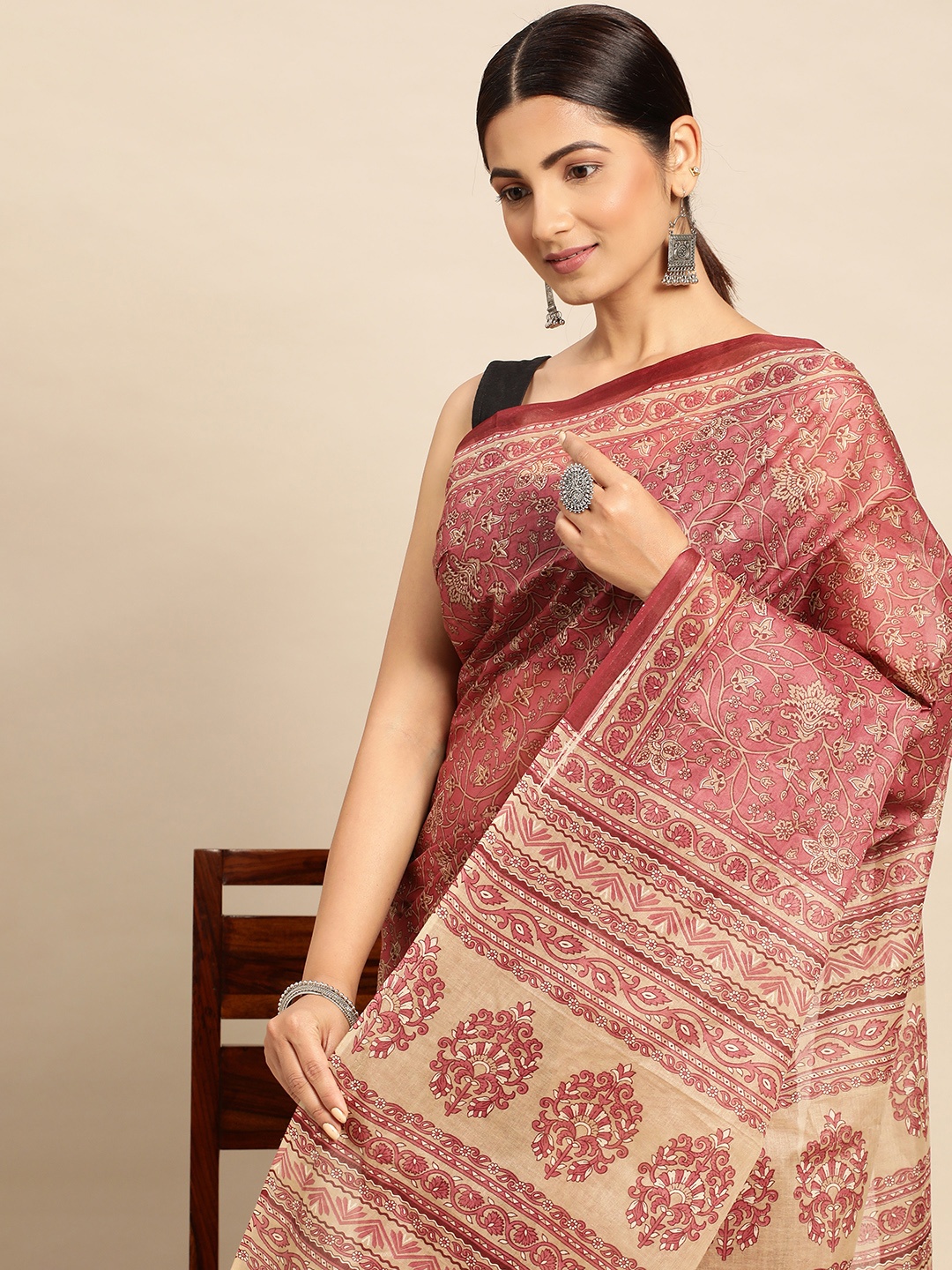 

SHANVIKA Floral Pure Cotton Block Print Saree, Pink