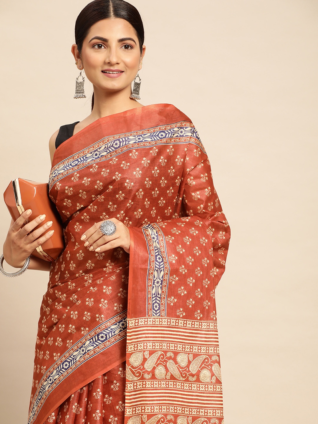 

SHANVIKA Ethnic Motifs Pure Cotton Block Print Saree, Rust