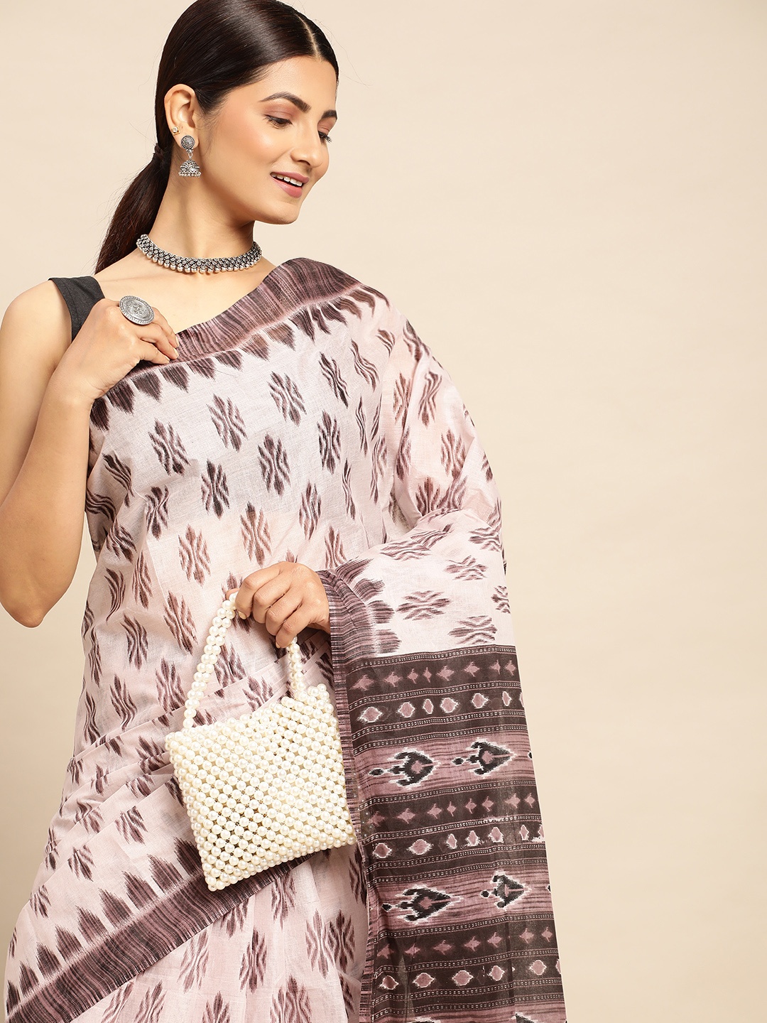 

SHANVIKA Ethnic Motifs Printed Pure Cotton Block Print Saree, Pink