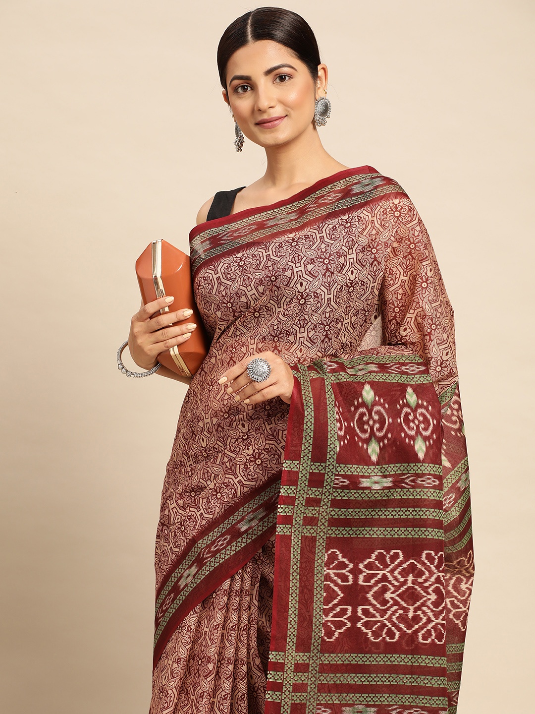 

SHANVIKA Ethnic Motifs Pure Cotton Block Print Saree, Beige
