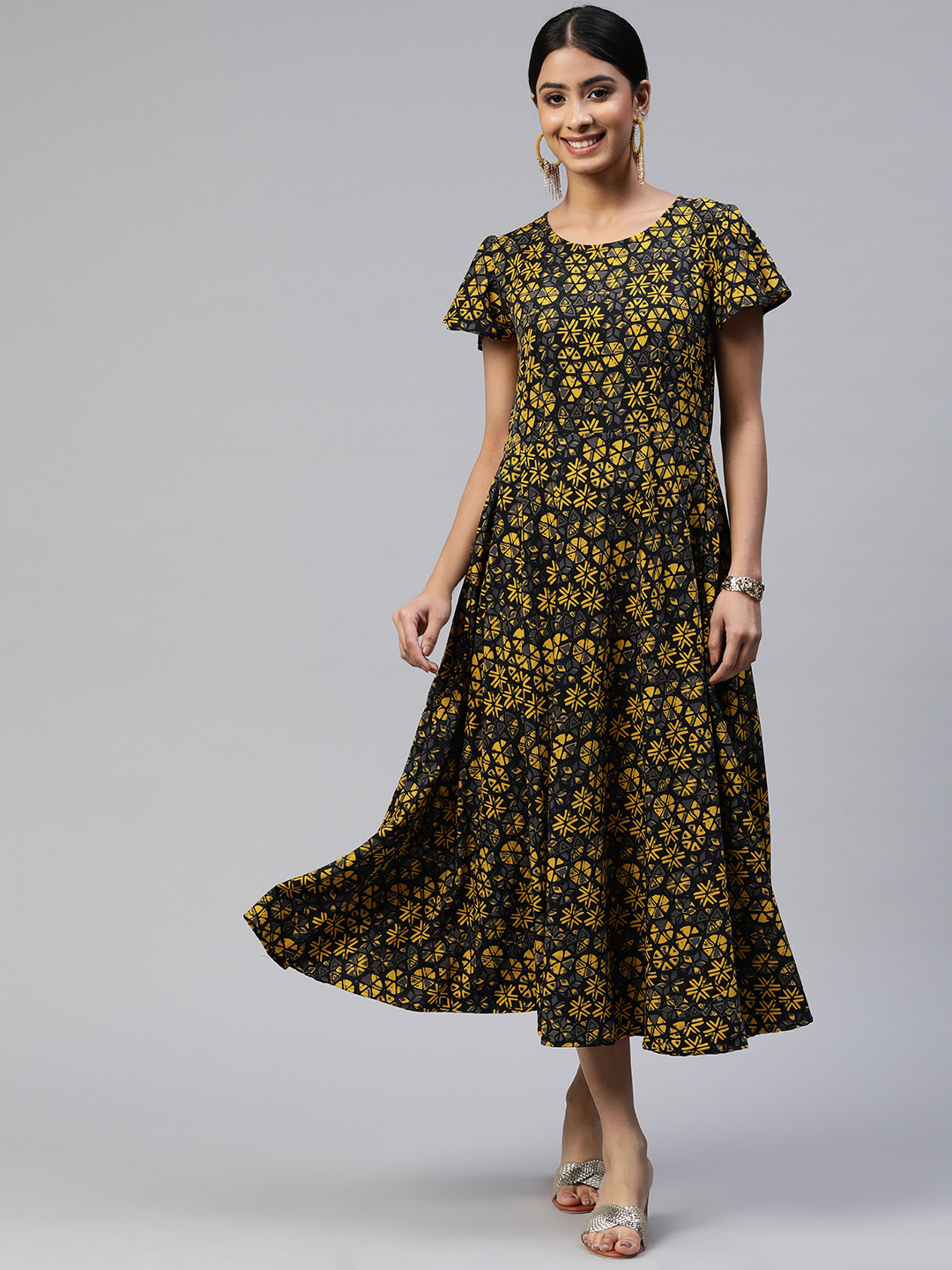 

Cottinfab Yellow Floral Crepe Midi Dress, Black