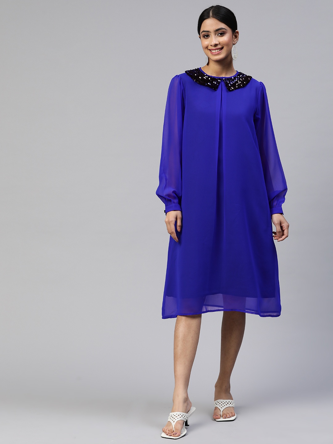

Cottinfab Peter Pan Collar Georgette A-Line Midi Dress, Blue