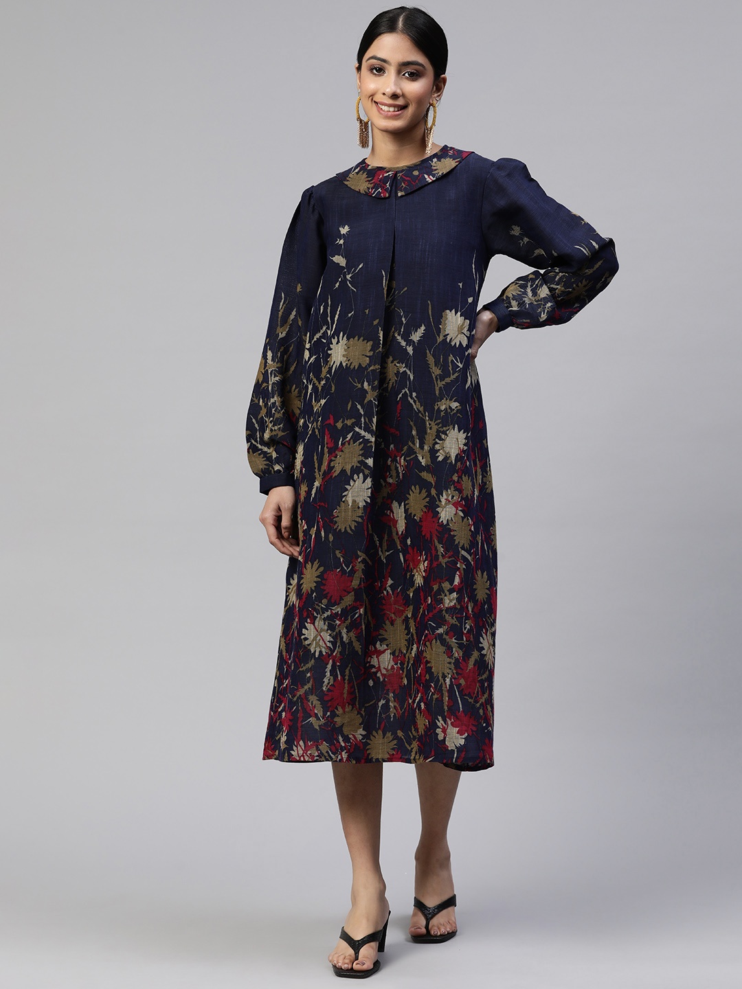 

Cottinfab Floral Peter Pan Collar Crepe A-Line Midi Dress, Navy blue
