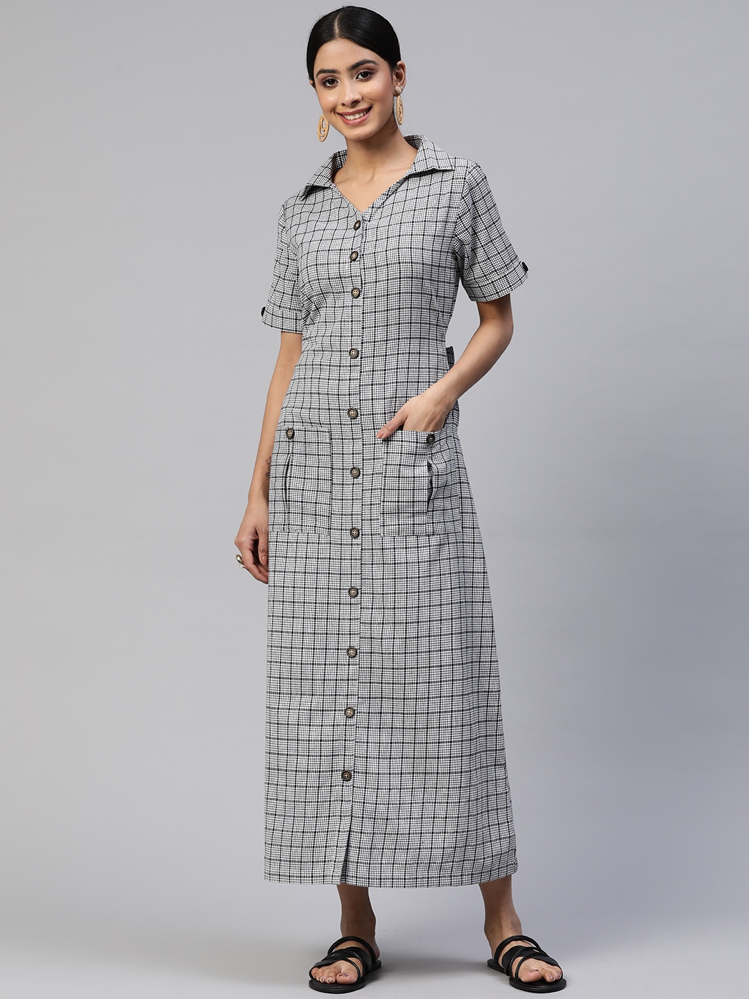 

Cottinfab Checked Shirt Cotton Maxi Dress, Black