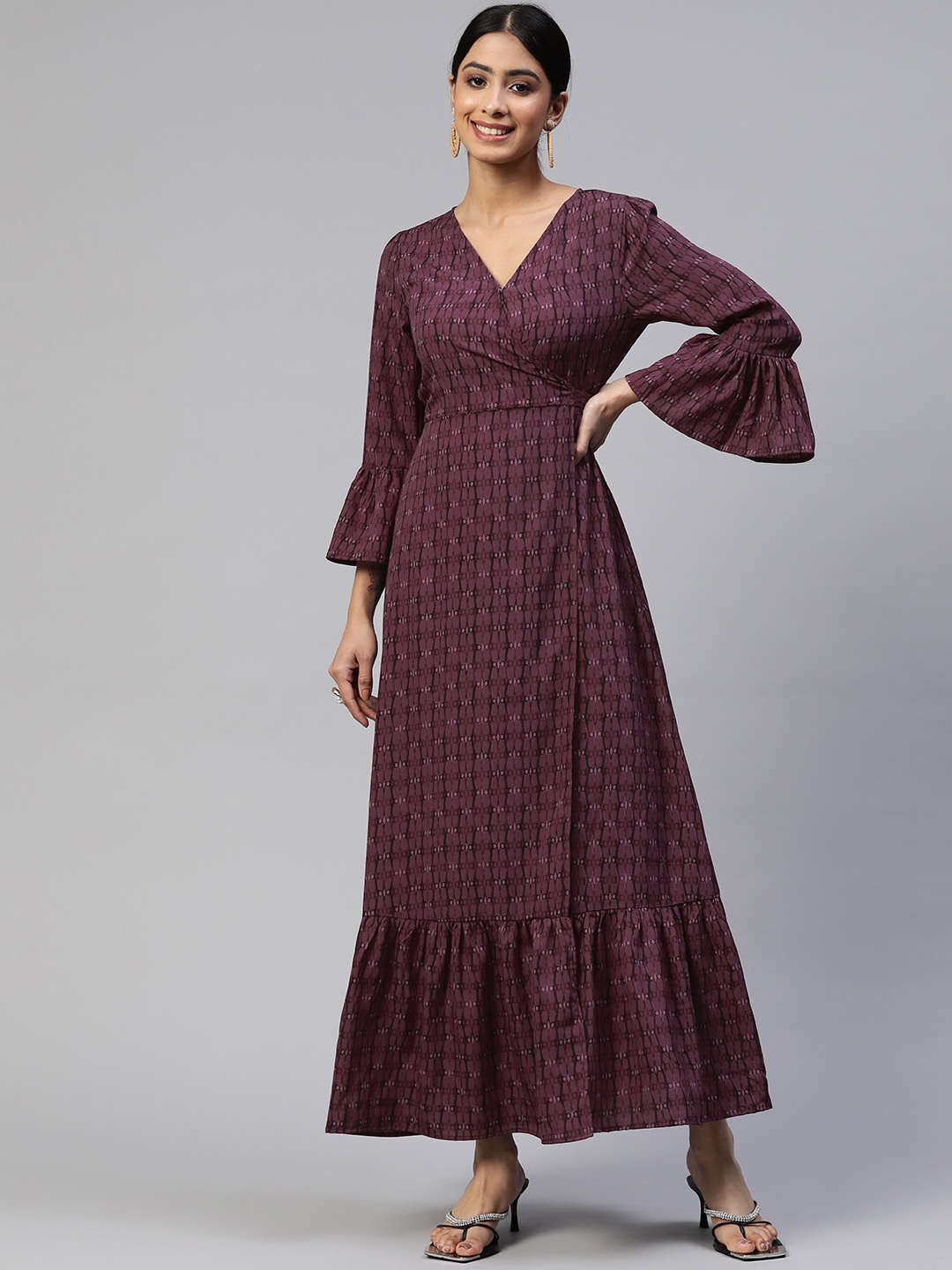 

Cottinfab Bell Sleeves Crepe Tiered Maxi Wrap Dress, Burgundy