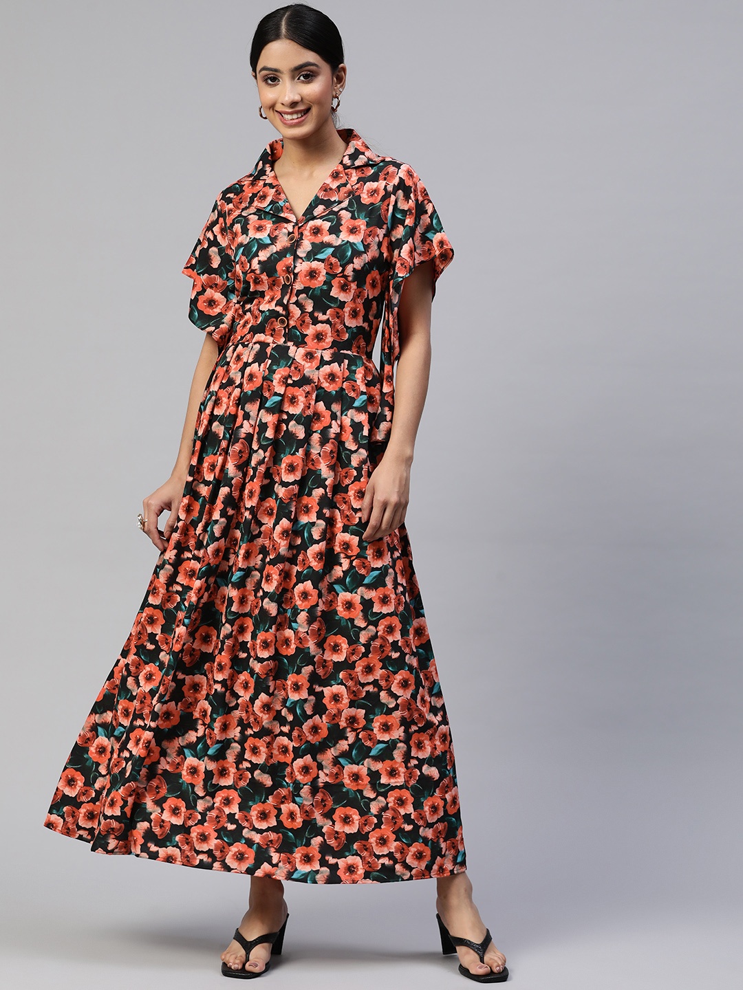 

Cottinfab Floral Print Flared Sleeves Crepe Maxi Dress, Coral