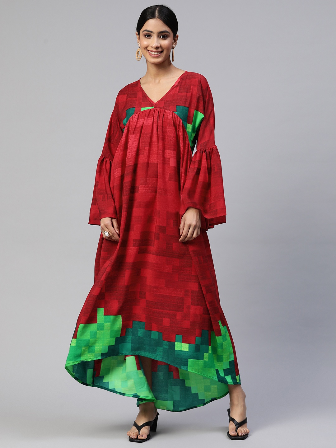 

Cottinfab Printed Crepe Bell Sleeves A-Line Maxi Dress, Red