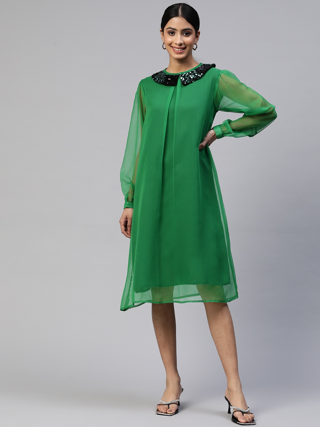 

Cottinfab Peter Pan Collar Embellished Georgette A-Line Midi Dress, Green