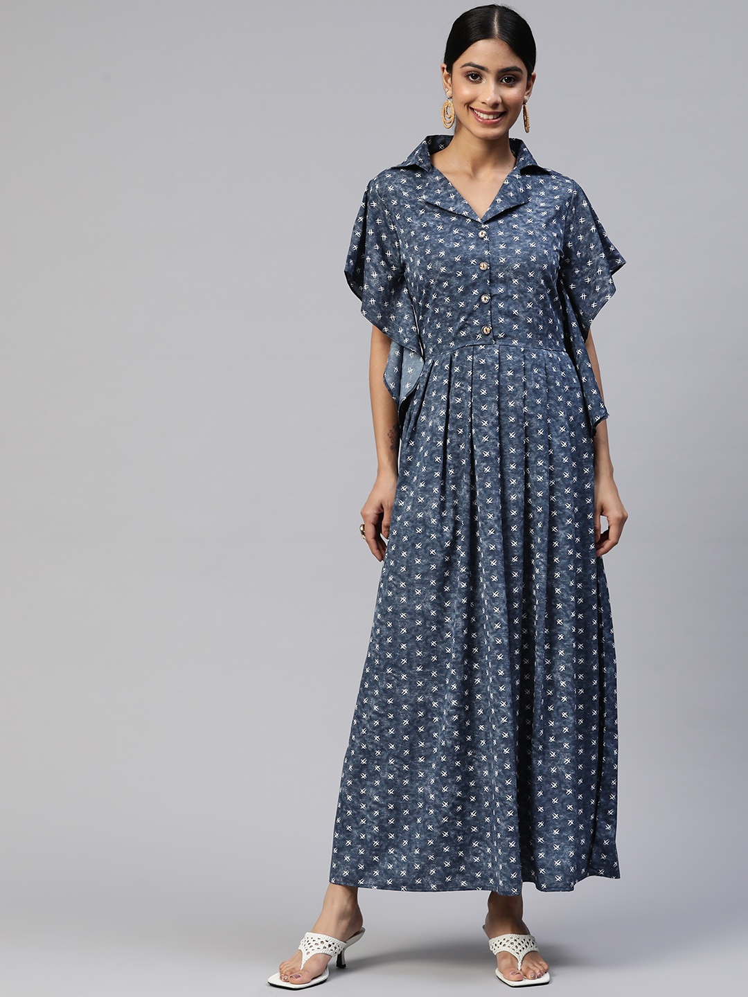 

Cottinfab Printed Pleated Crepe Maxi Dress, Blue