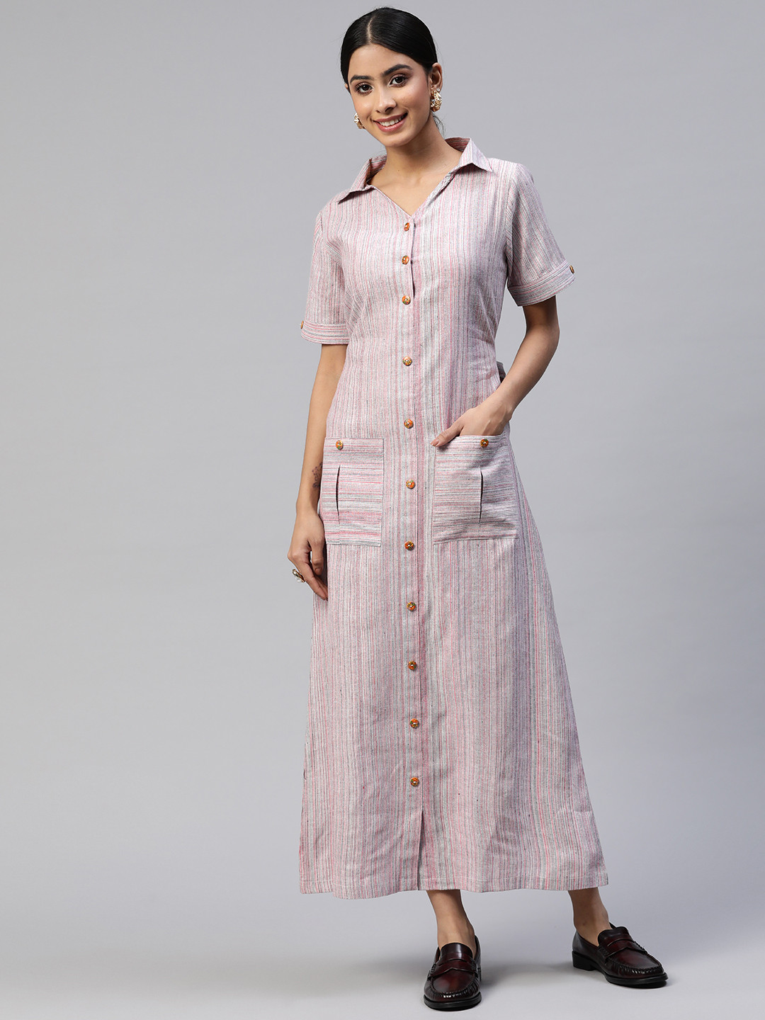 

Cottinfab Striped Shirt Cotton Maxi Dress, Pink