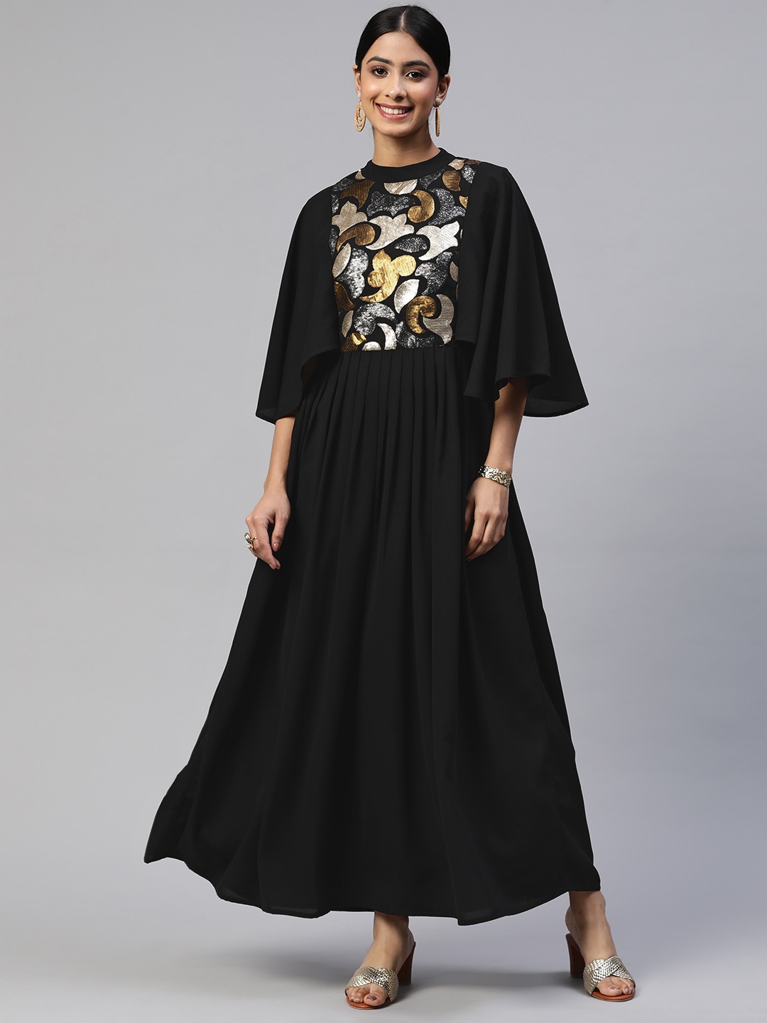 

Cottinfab Embellished Flared Sleeves Maxi Dress, Black