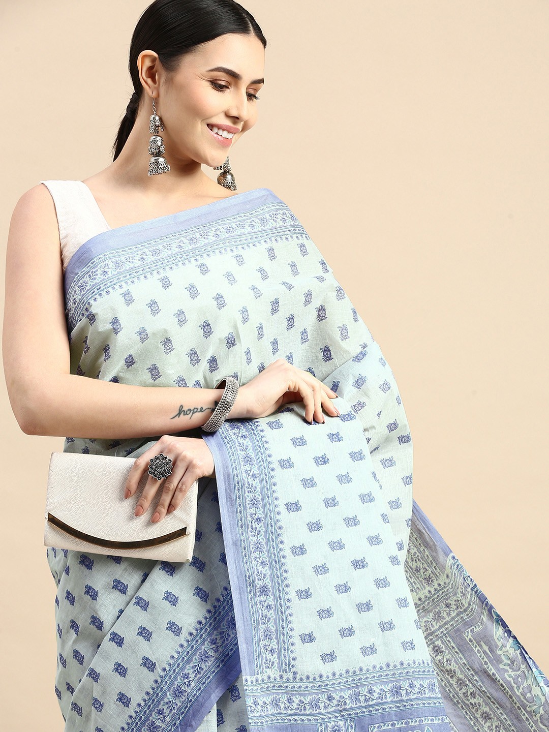 

SHANVIKA Floral Pure Cotton Block Print Saree, Blue