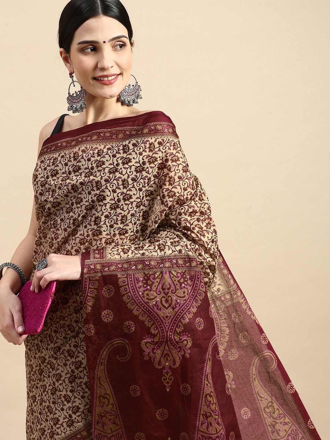 

SHANVIKA Floral Pure Cotton Block Print Saree, Beige
