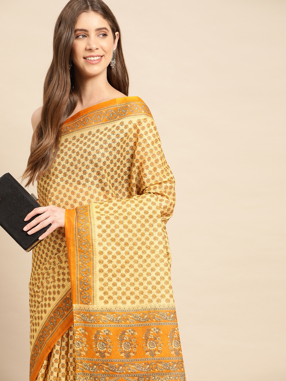 

SHANVIKA Floral Block Print Pure Cotton Saree, Yellow
