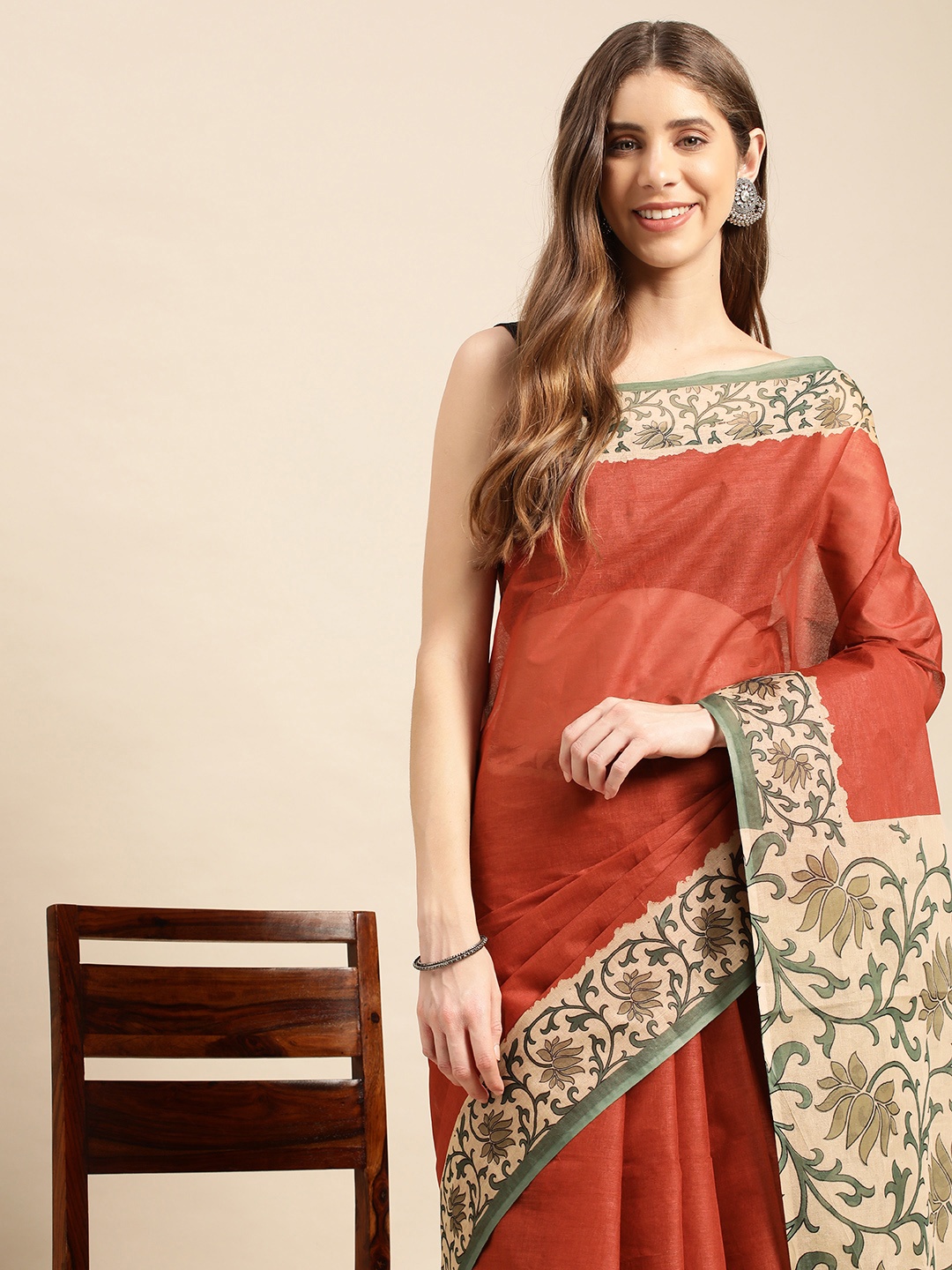 

SHANVIKA Solid Pure Cotton Block Print Saree, Rust