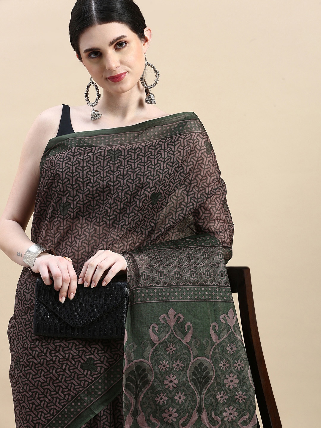 

SHANVIKA Pure Cotton Block Print Saree, Brown