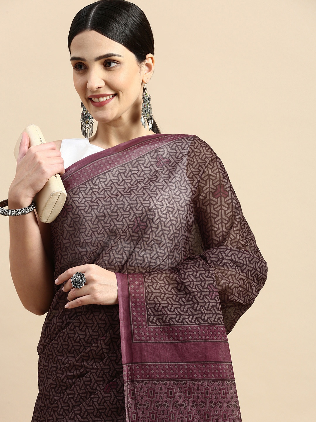 

SHANVIKA Pure Cotton Block Print Saree, Brown