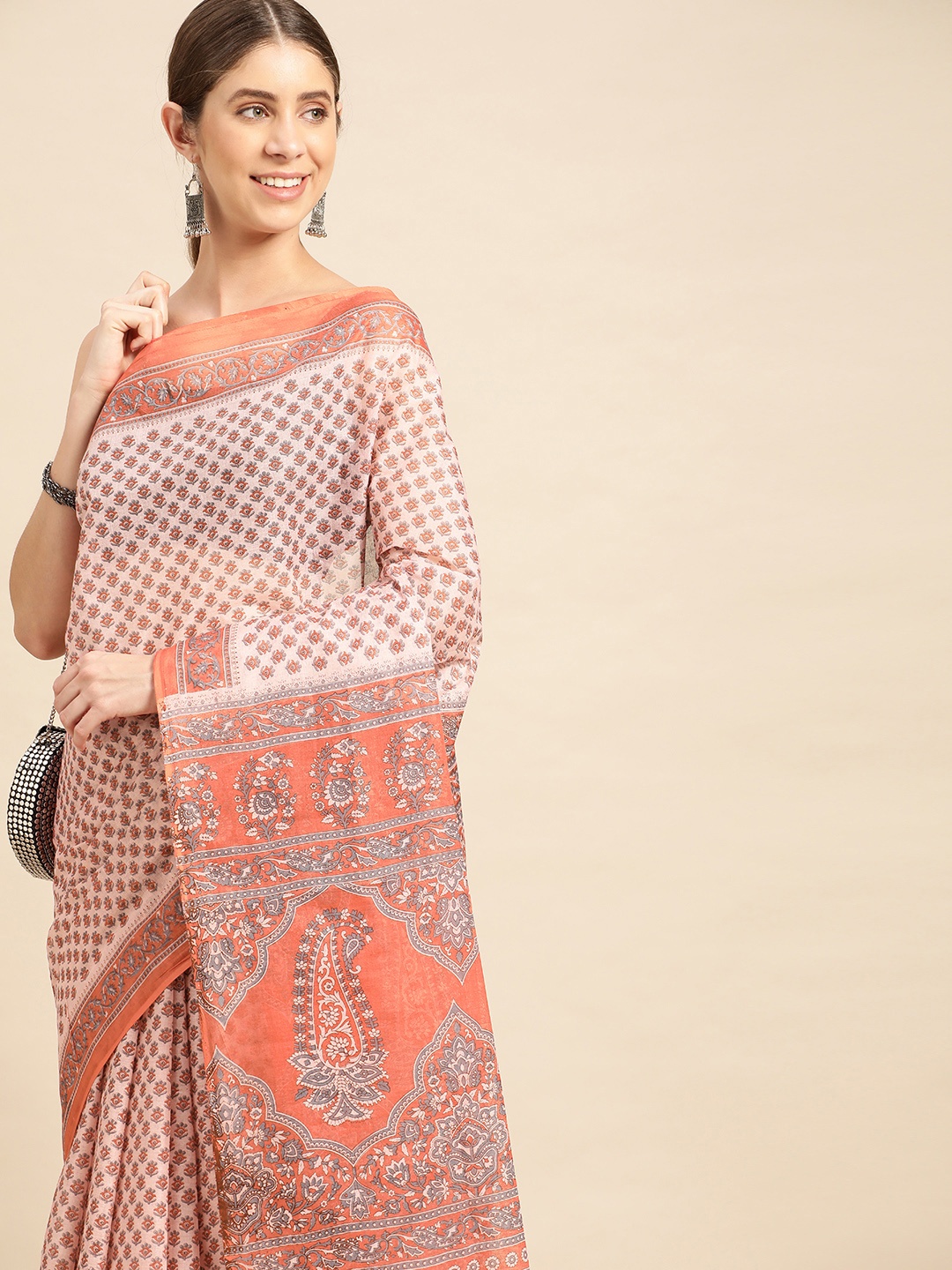 

SHANVIKA Ethnic Motifs Pure Cotton Block Print Saree, Pink