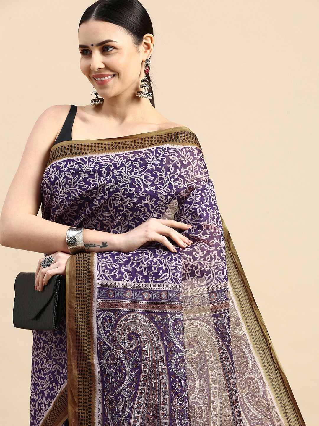 

SHANVIKA Floral Pure Cotton Block Print Saree, Purple
