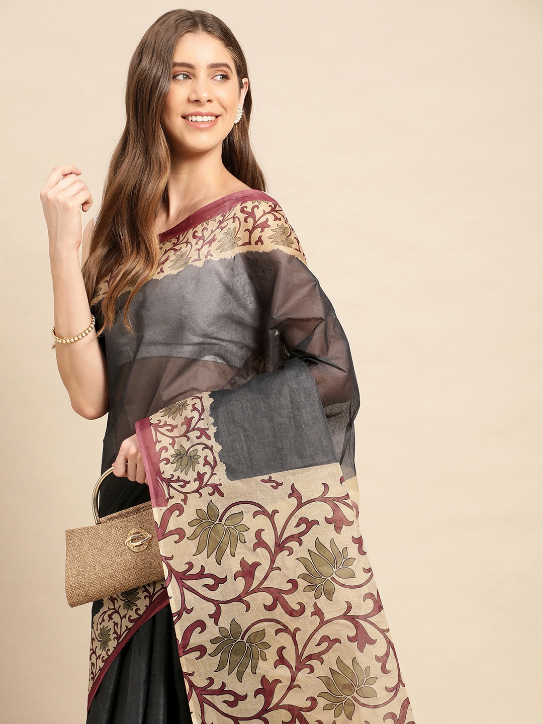 

SHANVIKA Pure Cotton Block Print Saree, Grey
