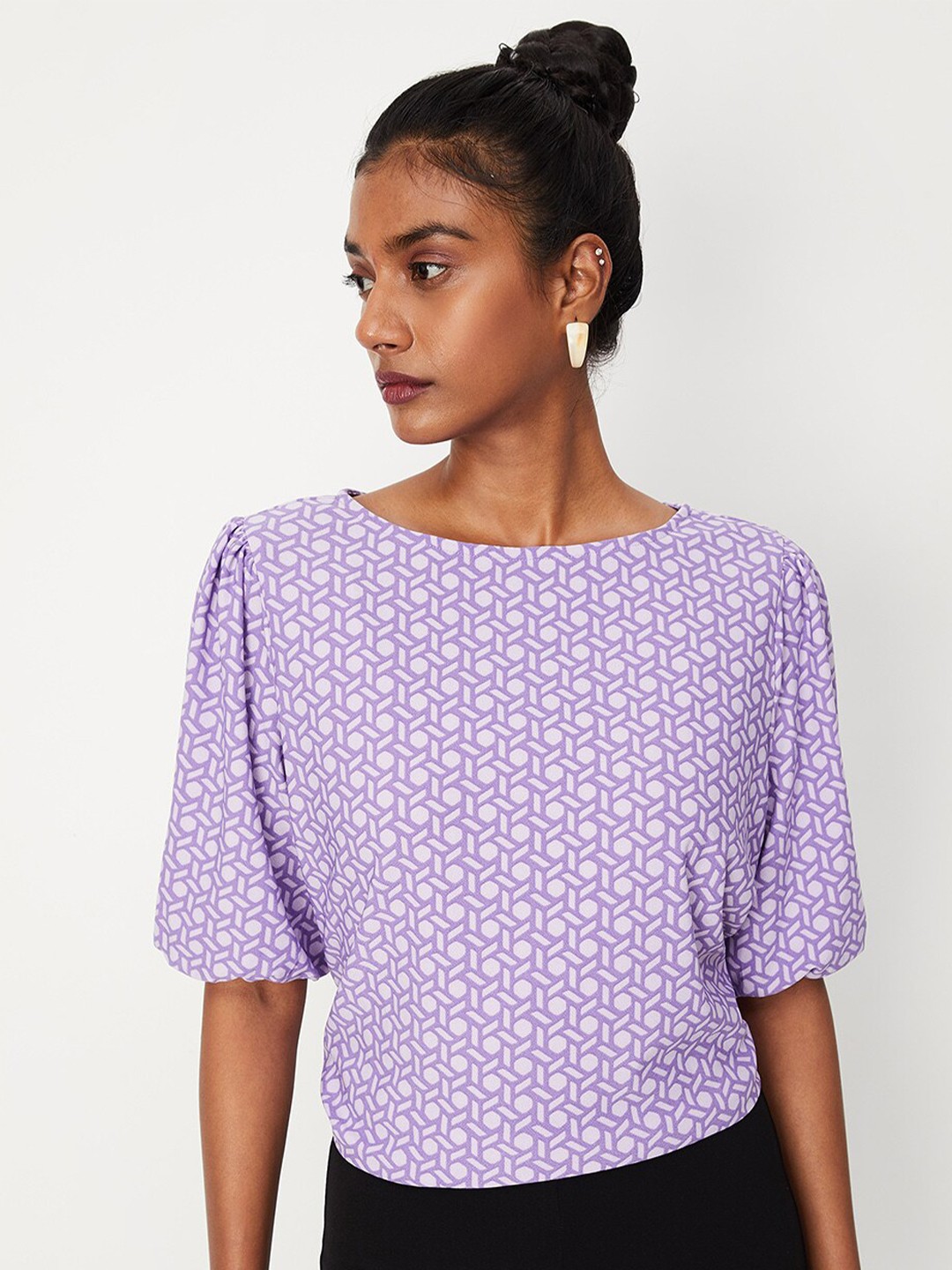 

max Print Puffed Sleeves Top, Purple