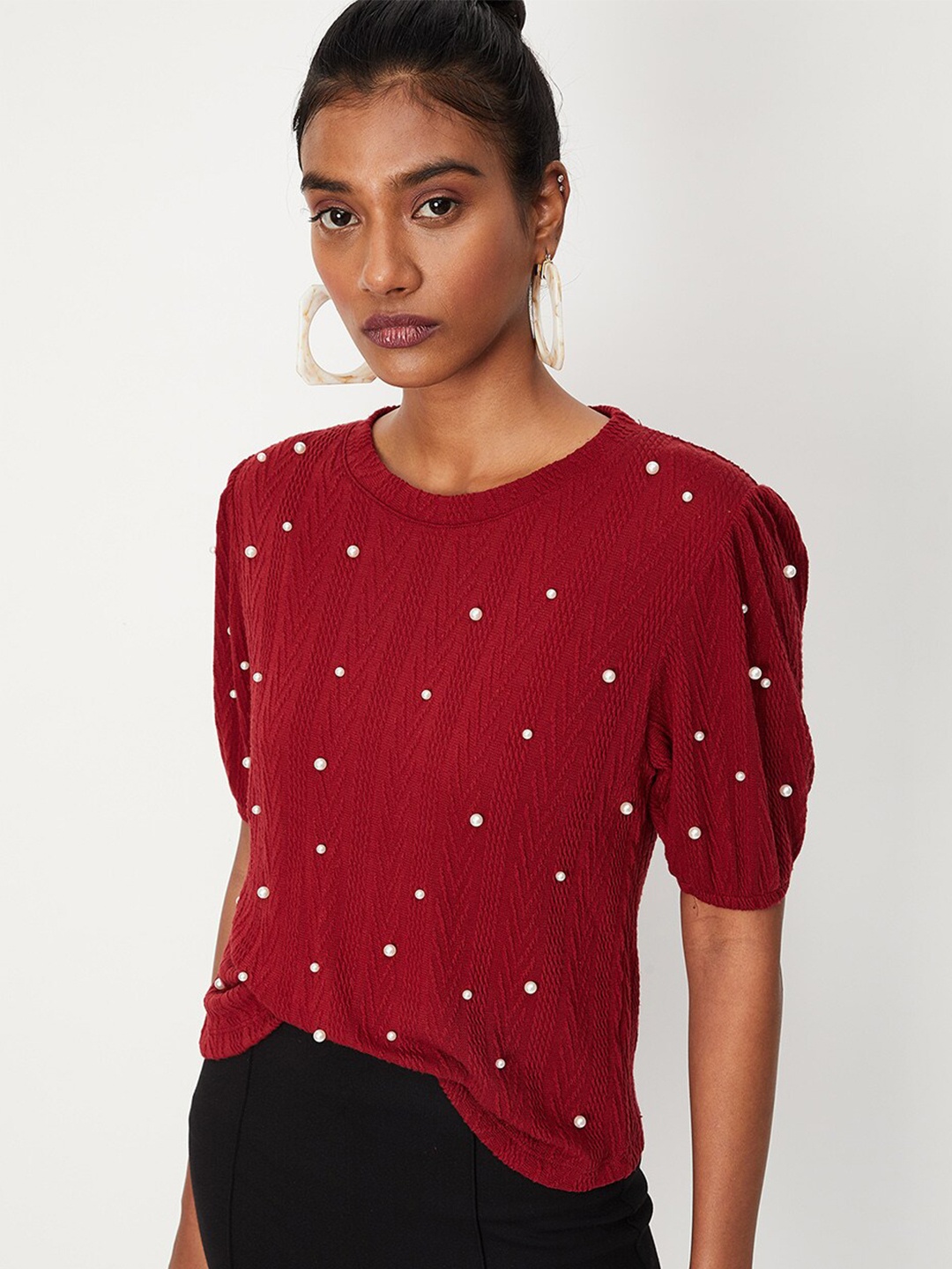 

max Round Neck Embellished Top, Red