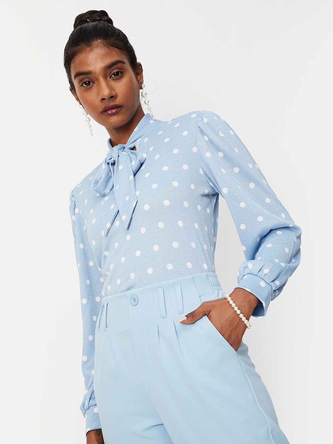 

max Printed Tie-Up Neck Regular Top, Blue