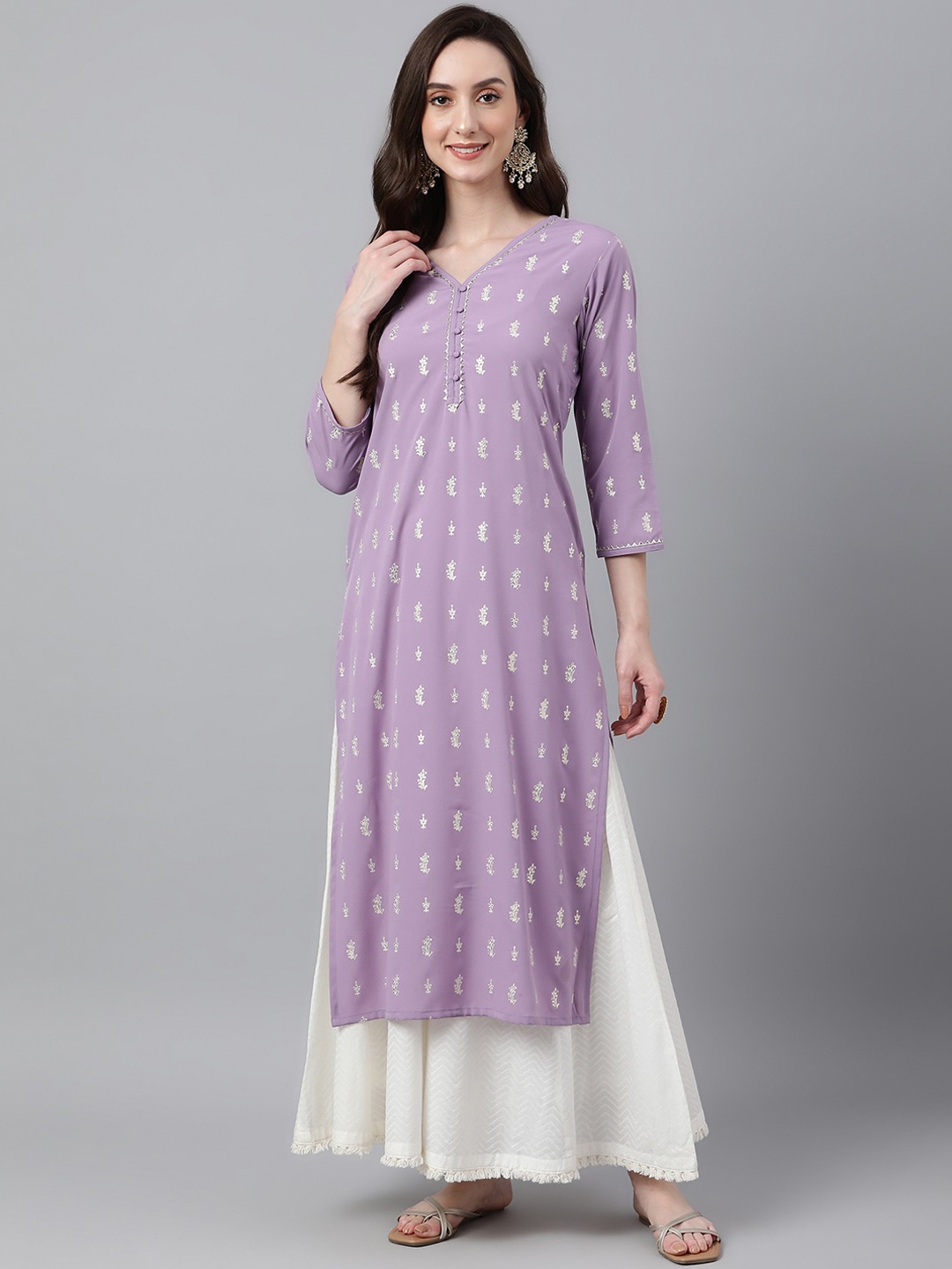 

Janasya Women Ethnic Motifs Foil Printed Kurta, Lavender