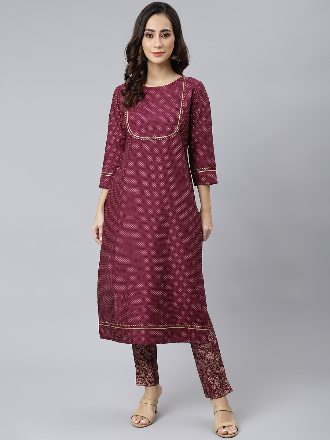 

Janasya Women Foil Print Kurta with Trousers, Purple