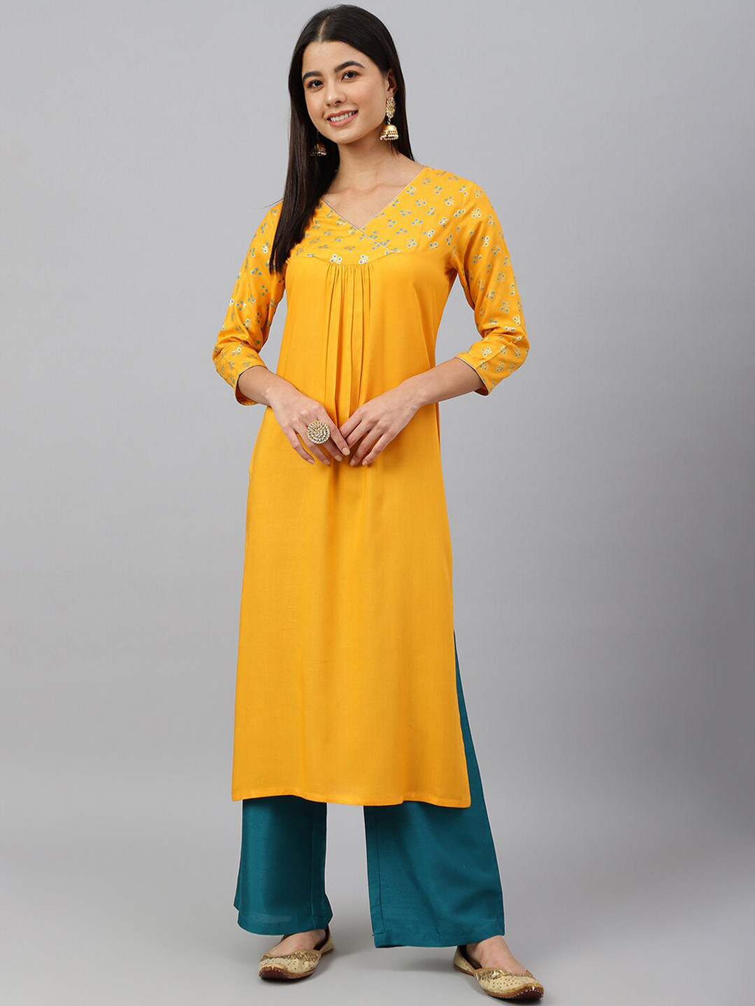 

Janasya Ethnic Printed Straight Pleated Kurta, Mustard